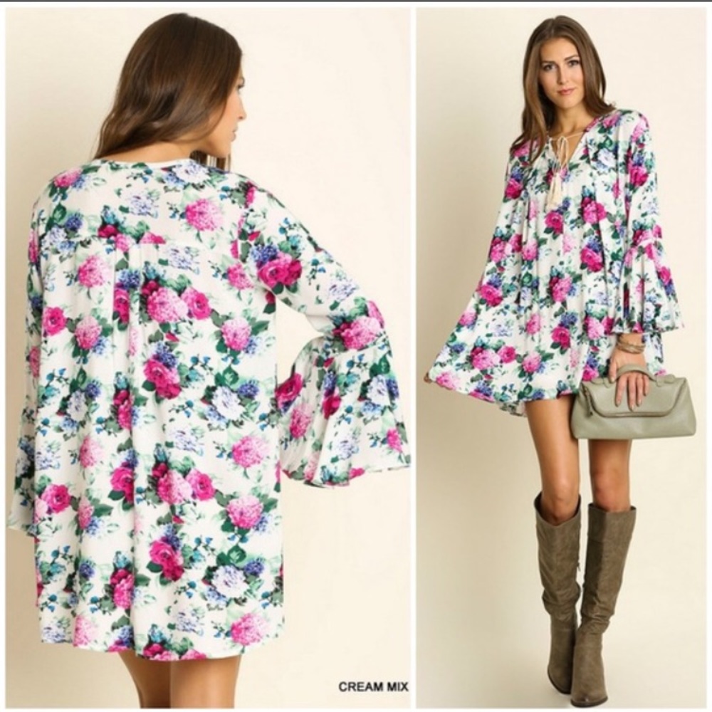 Umgee IVORY FLORAL Bell Sleeve Tassel Tie Dress